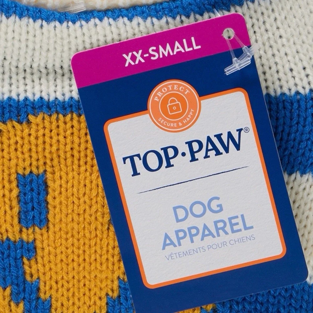 Top Paw Blue and White Striped Dog Sweater with Yellow Smiley